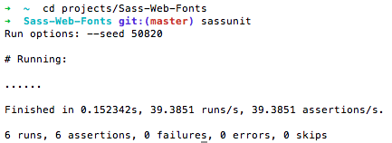 The output of SassUnit is like RSpec, with each passing test displayed as a dot.